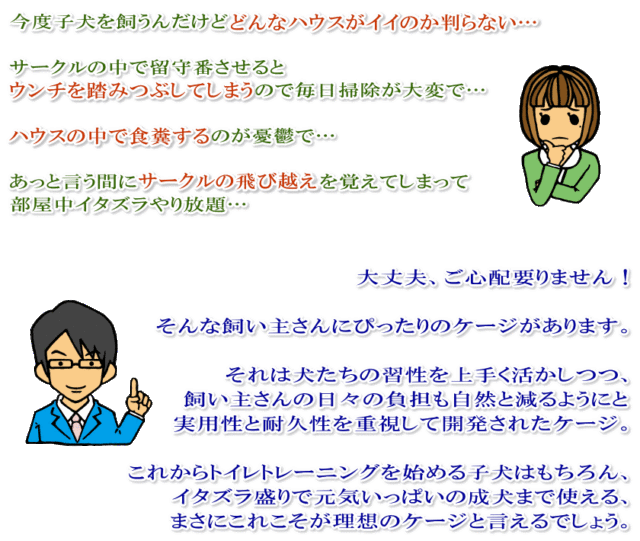 今度子犬を飼うんだけどどんなハウスがイイのか判らない…  サークルの中で留守番させると ウンチを踏みつぶしてしまうので毎日掃除が大変で…  ハウスの中で食糞するのが憂鬱で…  あっと言う間にサークルの飛び越えを覚えてしまって 部屋中イタズラやり放題…　大丈夫、ご心配要りません！  そんな飼い主さんにぴったりのケージがあります。  それは犬たちの習性を上手く活かしつつ、 飼い主さんの日々の負担も自然と減るようにと 実用性と耐久性を重視して開発されたケージ。  これからトイレトレーニングを始める子犬はもちろん、 イタズラ盛りで元気いっぱいの成犬まで使える、 まさにこれこそが理想のケージと言えるでしょう。